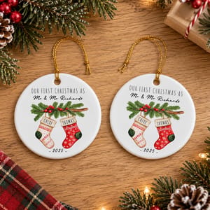 Personalized Round Ceramic Christmas Ornament Custom Names – Our First Christmas As Mr & Mrs Stocking Couple Keepsake Gift