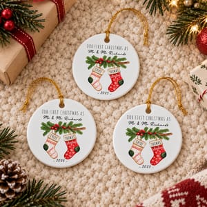 Personalized Round Ceramic Christmas Ornament Custom Names – Our First Christmas As Mr & Mrs Stocking Couple Keepsake Gift