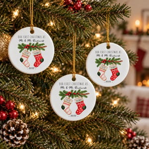 Personalized Round Ceramic Christmas Ornament Custom Names – Our First Christmas As Mr & Mrs Stocking Couple Keepsake Gift