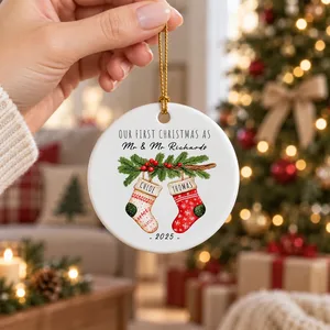 Personalized Round Ceramic Christmas Ornament Custom Names – Our First Christmas As Mr & Mrs Stocking Couple Keepsake Gift