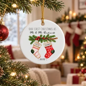 Personalized Round Ceramic Christmas Ornament Custom Names – Our First Christmas As Mr & Mrs Stocking Couple Keepsake Gift
