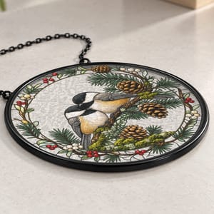 Winter Chickadee Pinecone Stained Glass Suncatcher