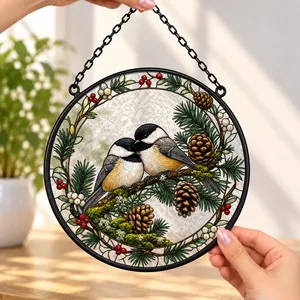 Winter Chickadee Pinecone Stained Glass Suncatcher