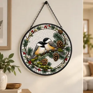 Winter Chickadee Pinecone Stained Glass Suncatcher
