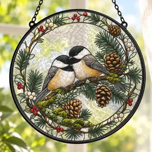 Winter Chickadee Pinecone Stained Glass Suncatcher