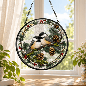Winter Chickadee Pinecone Stained Glass Suncatcher