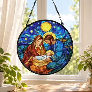 Christmas Nativity Suncatcher, Holy Family Stained Glass Window Hanging, Baby Jesus Christmas Decor, Sacred Holiday Gift for Family