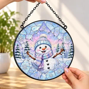 Snowman Christmas Suncatcher, Winter Stained Glass Window Decor, Snowflake Snowman Hanging Decoration, Christmas Gift for Family and Friends