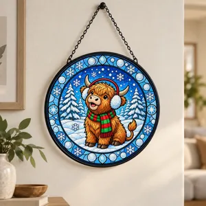 Christmas Highland Cow Stained Glass Suncatcher, Highland Cow Window Hanging, Winter Holiday Home Decor Ornament, Christmas