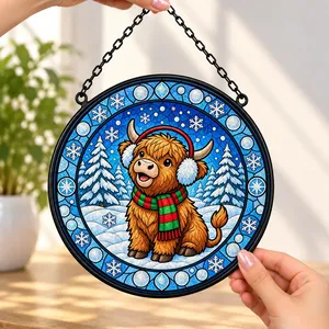 Christmas Highland Cow Stained Glass Suncatcher, Highland Cow Window Hanging, Winter Holiday Home Decor Ornament, Christmas