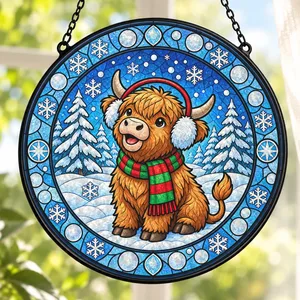 Christmas Highland Cow Stained Glass Suncatcher, Highland Cow Window Hanging, Winter Holiday Home Decor Ornament, Christmas