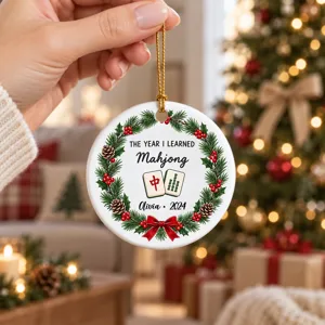 Personalized Round Ceramic Christmas Ornament, Custom Mahjong Name and Year, Mahjong Christmas Tree Decor, Christmas Gift for Player