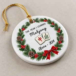 Personalized Round Ceramic Christmas Ornament, Custom Mahjong Name and Year, Mahjong Christmas Tree Decor, Christmas Gift for Player