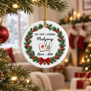 Personalized Round Ceramic Christmas Ornament, Custom Mahjong Name and Year, Mahjong Christmas Tree Decor, Christmas Gift for Player