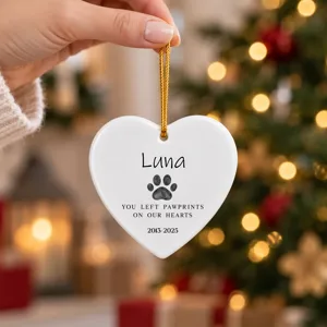 Custom Pet Memorial Christmas Ornament, Personalized Dog Photo Name Heart Ornament, Paw Print Memorial Keepsake, Sympathy Gift for Dog Lover