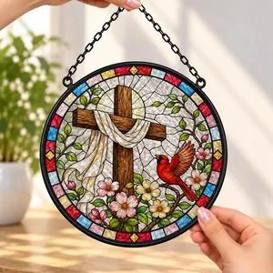 Stained Glass Red Cardinal Cross Suncatcher, Religious Easter Floral Wall Art Decor, Religion Theme Window Decoration