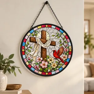 Stained Glass Red Cardinal Cross Suncatcher, Religious Easter Floral Wall Art Decor, Religion Theme Window Decoration