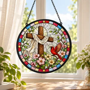 Stained Glass Red Cardinal Cross Suncatcher, Religious Easter Floral Wall Art Decor, Religion Theme Window Decoration