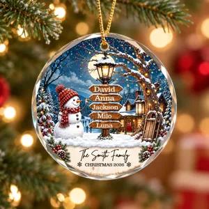 Personalized Glass Christmas Ornament, Custom Family Names and Year, Snowman Winter Wonderland Keepsake, Round Holiday Tree Decor Gift