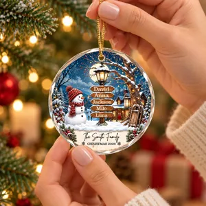 Personalized Glass Christmas Ornament, Custom Family Names and Year, Snowman Winter Wonderland Keepsake, Round Holiday Tree Decor Gift