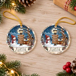 Personalized Glass Christmas Ornament, Custom Family Names and Year, Snowman Winter Wonderland Keepsake, Round Holiday Tree Decor Gift