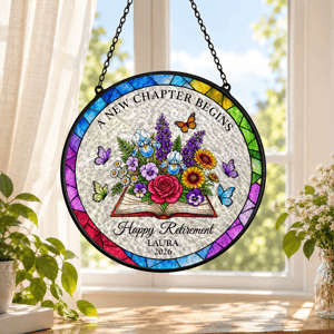 Custom Retirement Suncatcher, Personalized Name and Year Stained Glass Decor, Happy Retirement Wall Hanging, Retirement Gift for Coworker