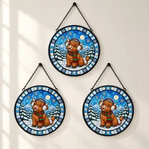 Christmas Highland Cow Suncatcher, Stained Glass Winter Window Hanging, Festive Highland Cattle Snow Decor, Cozy Holiday Gift