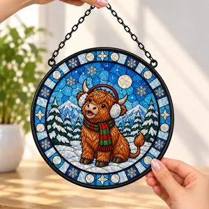 Christmas Highland Cow Suncatcher, Stained Glass Winter Window Hanging, Festive Highland Cattle Snow Decor, Cozy Holiday Gift