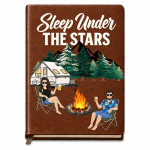 The Adventure Book Cartoon Couple Camping - Personalized Leather Journal