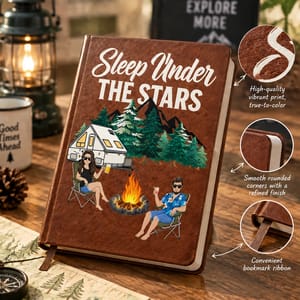 The Adventure Book Cartoon Couple Camping - Personalized Leather Journal