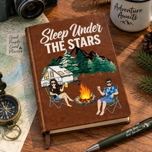 The Adventure Book Cartoon Couple Camping - Personalized Leather Journal