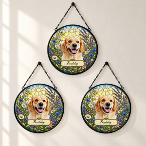 Personalized Pet Memorial Suncatcher Custom Dog Cat Name, Stained Glass Dog Cat Portrait, Pawprint Keepsake, Memorial Gift for Dog & Cat Lovers