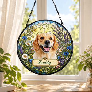 Personalized Pet Memorial Suncatcher Custom Dog Cat Name, Stained Glass Dog Cat Portrait, Pawprint Keepsake, Memorial Gift for Dog & Cat Lovers