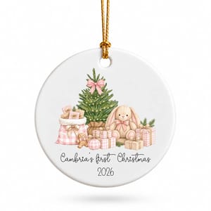 Personalized Baby's First Christmas Ceramic Ornament – Custom Name Bunny Christmas Tree Keepsake, Double-Sided Round Holiday Ornament