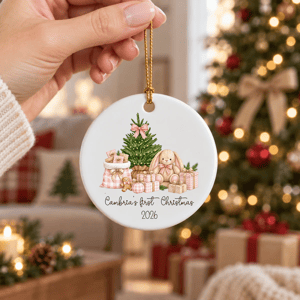 Personalized Baby's First Christmas Ceramic Ornament – Custom Name Bunny Christmas Tree Keepsake, Double-Sided Round Holiday Ornament