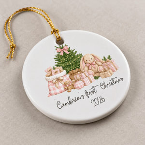 Personalized Baby's First Christmas Ceramic Ornament – Custom Name Bunny Christmas Tree Keepsake, Double-Sided Round Holiday Ornament