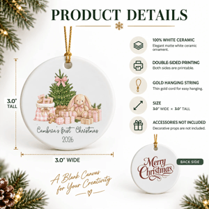 Personalized Baby's First Christmas Ceramic Ornament – Custom Name Bunny Christmas Tree Keepsake, Double-Sided Round Holiday Ornament