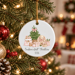 Personalized Baby's First Christmas Ceramic Ornament – Custom Name Bunny Christmas Tree Keepsake, Double-Sided Round Holiday Ornament