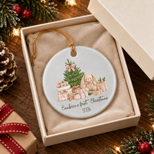 Personalized Baby's First Christmas Ceramic Ornament – Custom Name Bunny Christmas Tree Keepsake, Double-Sided Round Holiday Ornament
