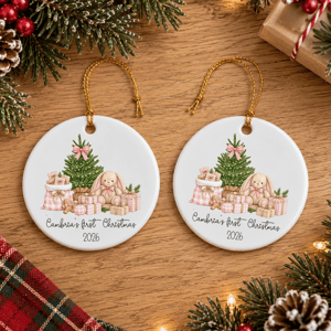 Personalized Baby's First Christmas Ceramic Ornament – Custom Name Bunny Christmas Tree Keepsake, Double-Sided Round Holiday Ornament