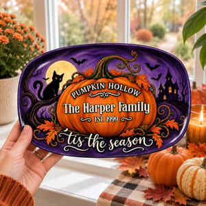 Personalized Halloween Oval Plate Custom Family Name and Est Year, Pumpkin Hollow Cat Decor, Autumn Keepsake Plate, Spooky Home Gift