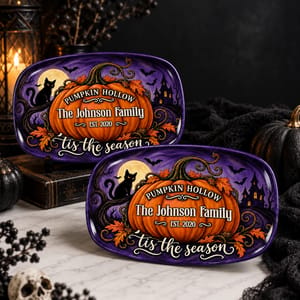 Personalized Halloween Oval Plate Custom Family Name and Est Year, Pumpkin Hollow Cat Decor, Autumn Keepsake Plate, Spooky Home Gift