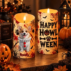 Personalized LED Halloween Candle Custom Pet Photo & Name – Spooky Dog Clown Pumpkin Light Candle Decor Gift