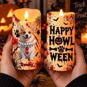 Personalized LED Halloween Candle Custom Pet Photo & Name – Spooky Dog Clown Pumpkin Light Candle Decor Gift
