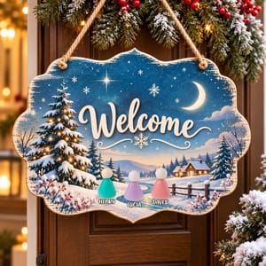Winter Wonderland Welcome Custom Family Names & Sea Glass Figures - Personalized Wooden Hanging Sign - Christmas Door Decor