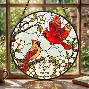 Cardinal Birds Memorial Stained Glass Suncatcher – Personalized Dad Name & Memorial Years, In Loving Memory Window Hanging, Sympathy Gift