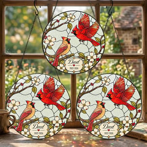 Cardinal Birds Memorial Stained Glass Suncatcher – Personalized Dad Name & Memorial Years, In Loving Memory Window Hanging, Sympathy Gift