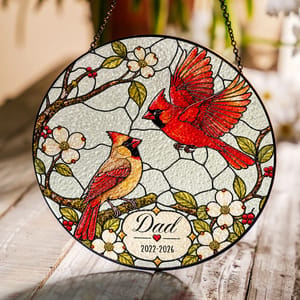 Cardinal Birds Memorial Stained Glass Suncatcher – Personalized Dad Name & Memorial Years, In Loving Memory Window Hanging, Sympathy Gift