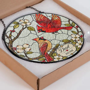 Cardinal Birds Memorial Stained Glass Suncatcher – Personalized Dad Name & Memorial Years, In Loving Memory Window Hanging, Sympathy Gift