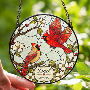 Cardinal Birds Memorial Stained Glass Suncatcher – Personalized Dad Name & Memorial Years, In Loving Memory Window Hanging, Sympathy Gift